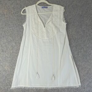 Le‎ Soleil Tunic Dress Womens S White Cotton Embroidered Mesh Trim Tassel Boho
